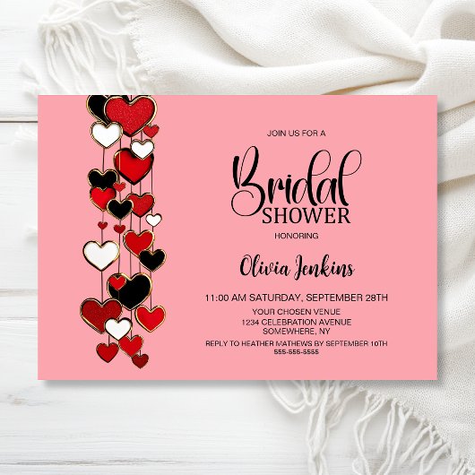 Invitation Fête de mariage Cœurs Rouge Noir