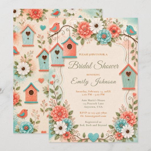 Invitation Fête de mariage corail et aqua (Devant / Derrière)