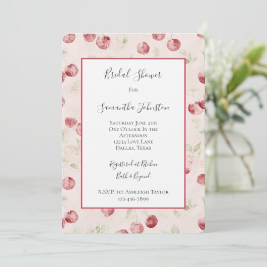 Invitation Fête de mariage Cream Red Cherries (Debout devant)