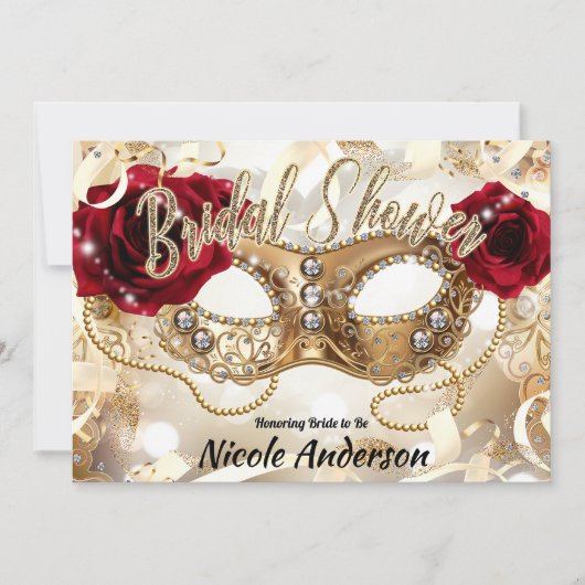 Invitation Fête de Mariage Crème Or Roses Rouges Mascarade (Devant)