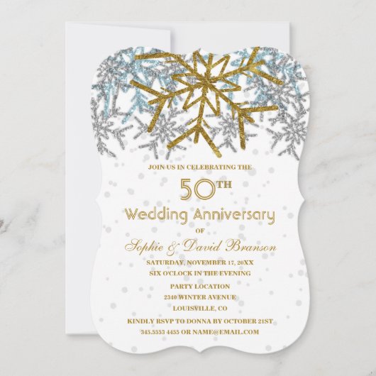 Invitation Fête de mariage de 50 ans aux flocons de neige arg (Devant)