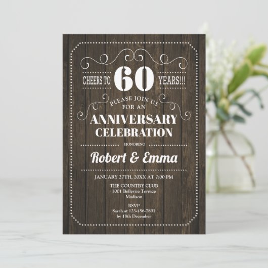 Invitation Fête de mariage de 60 ans Rustique Bois (Debout devant)