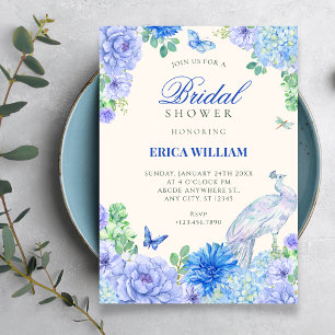 Invitation Fête de mariage de paon à l'aquarelle bleue floral