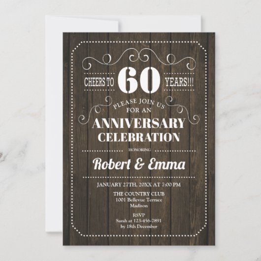 Invitation Fête de mariage en bois rustique pour les 60 ans (Devant)
