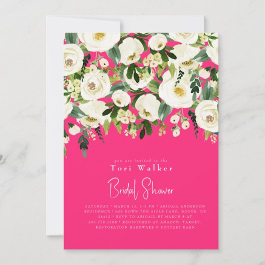 Invitation Fête de mariage en cascade de fleurs blanches rose (Devant)