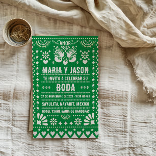 Invitation Fête de mariage espagnol en papier découpé vert, a