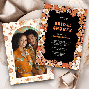 Invitation Fête de mariage fleurie rétro groovy orange noir