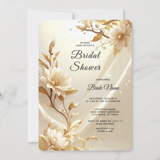Invitation Fête de Mariage Fleurs Blanches et Dorées (Devant)