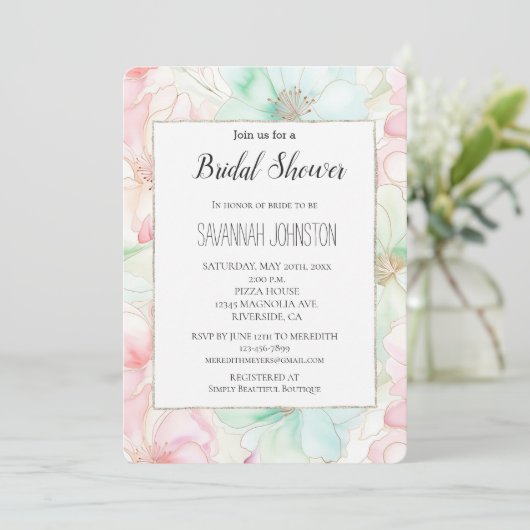 Invitation Fête de mariage Fleurs de menthe rose blush (Debout devant)