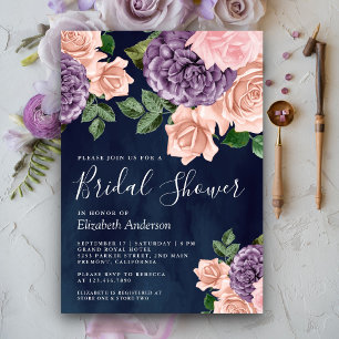 Invitation Fête de Mariage Fleurs Mauves Poussiéreuses Bleu M