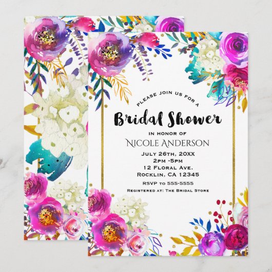 Invitation Fête de mariage floral aquarelle fun bright bold (Devant / Derrière)