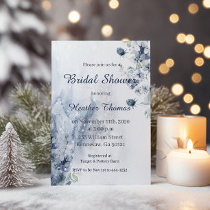 Invitation Fête de mariage Floral Bleu & Argent Hiver