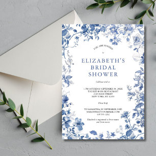 Invitation Fête de mariage Floral Bleu et Blanc Toile de Jouy