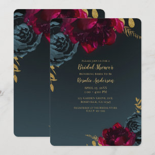 Invitation Fête de mariage Floral Bleu foncé et végétation do