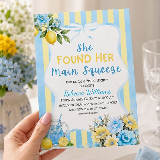 Invitation Fête de mariage Floral Bleu Rayure Main Squeeze
