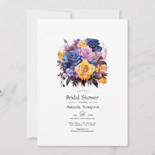 Invitation Fête de mariage floral bleu, violet, or et noir