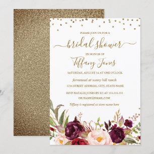 Invitation Fête de mariage floral confetti Bourgogne Or