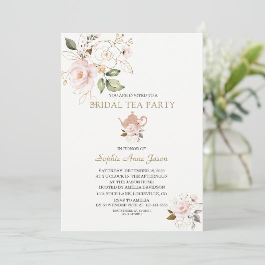 Invitation Fête de mariage floral doré rose charmant Tea Part (Debout devant)