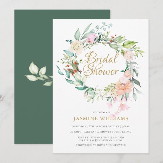 Invitation Fête de mariage Floral Gold Script Wild Rose (Devant / Derrière)