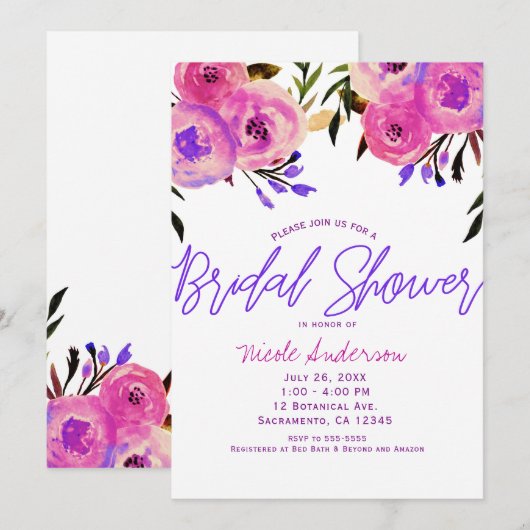 Invitation Fête de mariage floral moderne rose et violet (Devant / Derrière)