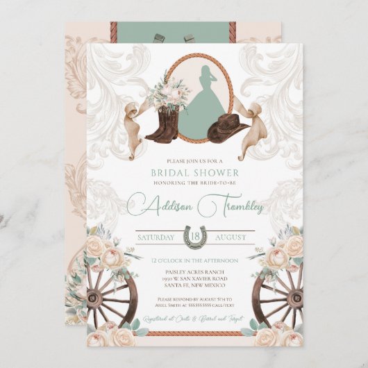 Invitation Fête de mariage floral rose blanc occidental vert  (Devant / Derrière)