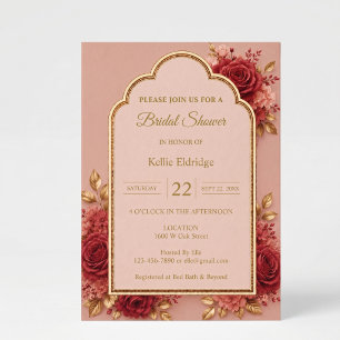 Invitation Fête de mariage floral rouge et or pour la mariée