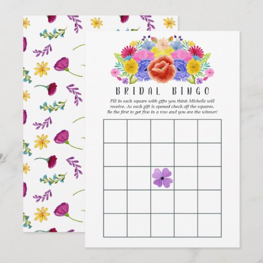 Invitation Fête de mariage florale à l'aquarelle Bingo (Devant / Derrière)