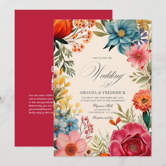 Invitation Fête de mariage florale aquarelle avec code QR (Devant / Derrière)