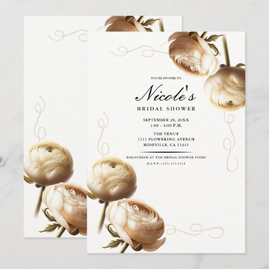 Invitation Fête de Mariage Florale aux Ranunculus Crème et Bl (Devant / Derrière)
