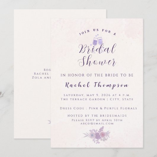 Invitation Fête de mariage florale moderne en améthyste perso (Devant / Derrière)