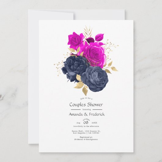 Invitation Fête de mariage florale Navy et Or Magenta (Devant)