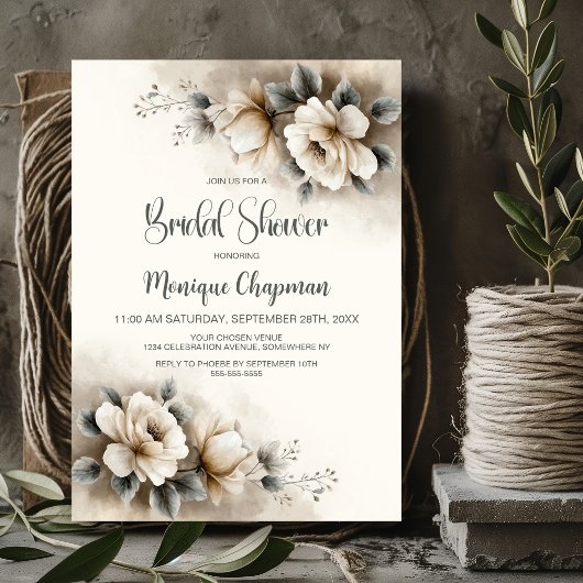 Invitation Fête de Mariage Florale Neutre Rustique