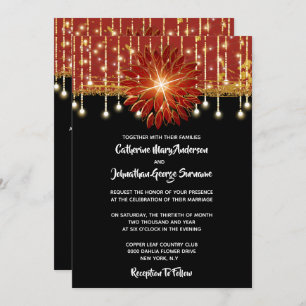 Invitation Fête de mariage florale noire et rouge or