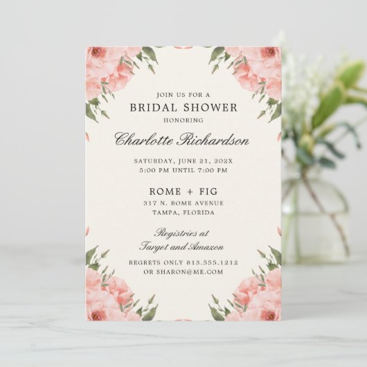 Invitation Fête de mariage Florale Rose (Debout devant)