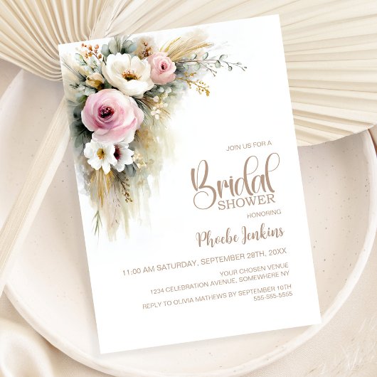 Invitation Fête de Mariage Florale Rose et Blanche Rustique