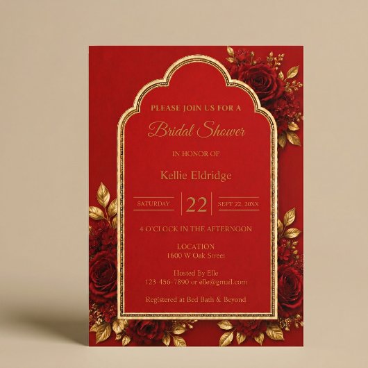 Invitation Fête de Mariage Florale Rouge et Or