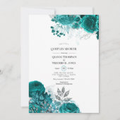 Invitation Fête de mariage florale sarcelle et argent (Devant)