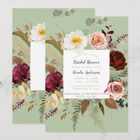 Invitation Fête de mariage florale verte campagne rustique (Devant / Derrière)