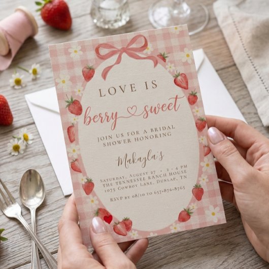 Invitation Fête de mariage gingham aux fraises sucrées