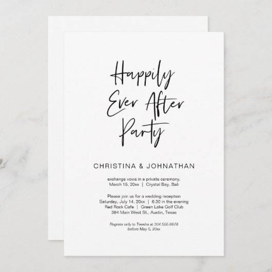 Invitation Fête de Mariage Heureux Pour Toujours, Noir, Élite (Devant / Derrière)