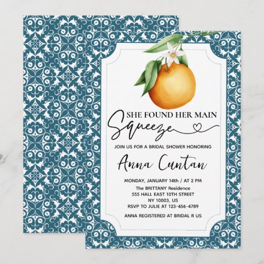 Invitation Fête de mariage Main Squeeze Carrelage Bleu Citron (Devant / Derrière)