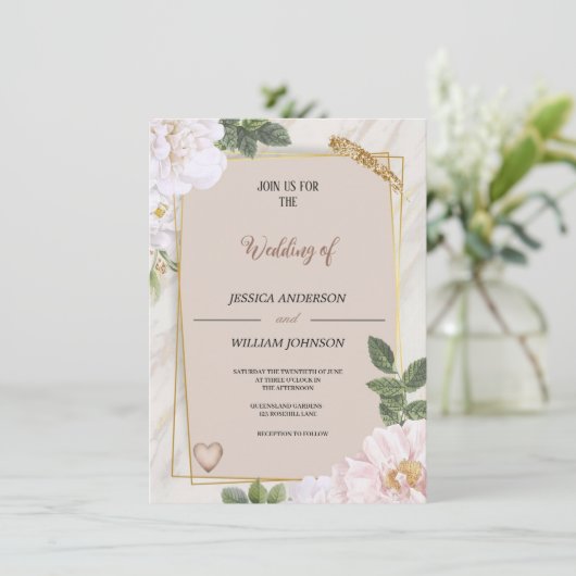 Invitation fête de mariage marron moderne avec fleurs (Debout devant)