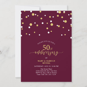Invitation Fête de mariage moderne rouge et or 50e anniversai