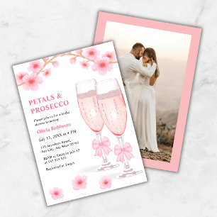Invitation Fête de mariage Photo Fleurs roses et Prosecco