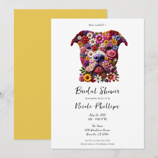 Invitation Fête de Mariage Pitbull Fleur Visage Chien Amoureu (Devant / Derrière)
