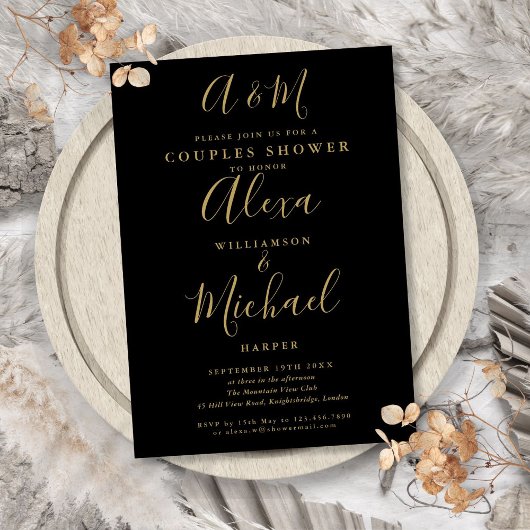 Invitation Fête de mariage pour couples à monogramme noir et 