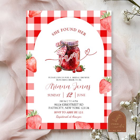 Invitation Fête de mariage Red Gingham Strawberry Summer Jam