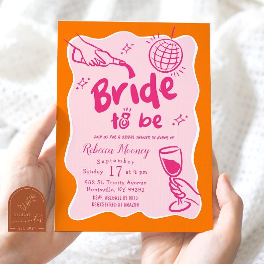 Invitation Fête de mariage rétro illustré orange rose
