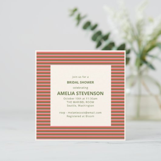 Invitation Fête de mariage rétro rose orange vert rayé (Debout devant)