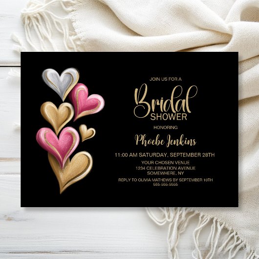 Invitation Fête de mariage rose et cœurs dorés